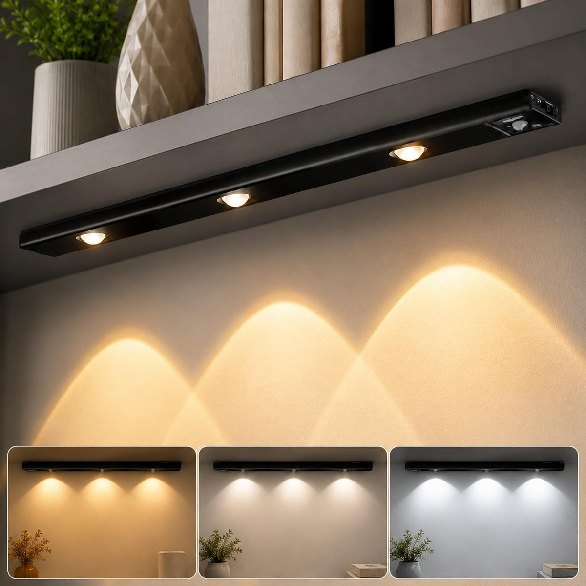 Rechargeable Motion Sensor LED Light – Wireless Under Cabinet Light with 3 Color Modes