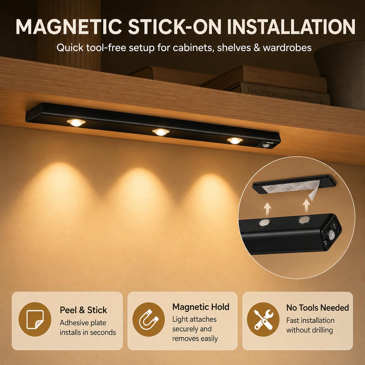 Rechargeable Motion Sensor LED Light – Wireless Under Cabinet Light with 3 Color Modes