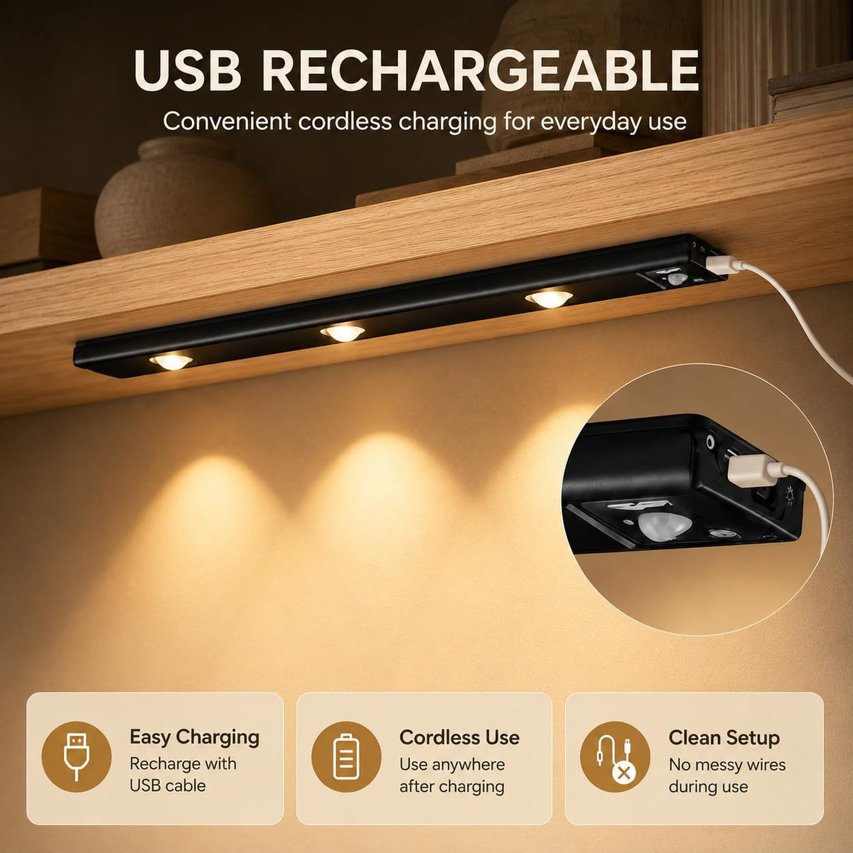 Rechargeable Motion Sensor LED Light – Wireless Under Cabinet Light with 3 Color Modes