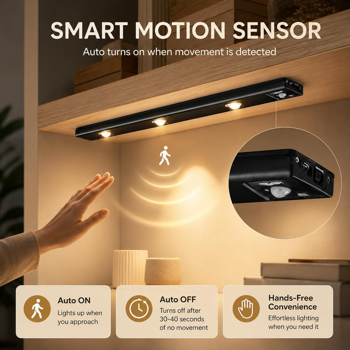 Rechargeable Motion Sensor LED Light – Wireless Under Cabinet Light with 3 Color Modes
